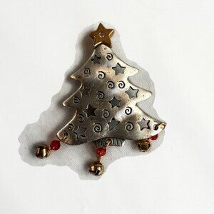 Vintage AJMO Christmas Tree Silver Brooch Holiday Dangle